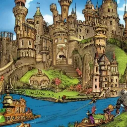 A magical canal city of wizards, witches and warlocks with a castle sir John Tenniel style