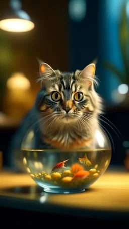 portrait of confused old cat holding a glass bowl with an animated gold fish in glass nursery having grown beaks and claws, bokeh like f/0.8, tilt-shift lens 8k, high detail, smooth render, down-light, unreal engine, prize winning