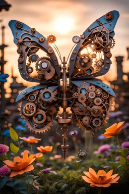 As the sun sets on a steampunk garden, a mechanical butterfly takes flight, its wings a blur of gears and mechanisms, landing gracefully on a vibrant, origami otherworldly flower.