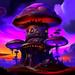 A fantabulous black, purple and orange (((mushroom tower house))) erected atop a (geologic pillar), surrounded by the uncanny imaginative ((( swirling skies))), offset by the stark hues of a (neon-tinged nebulous space scape), within. captured by the hand a skilled master painter with a focus on (softly blurred compositions and voluminous lighting).