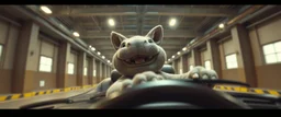 car driving happy 2d fluffy orc fox hippo in the style of Escher and Giger and Fallout 4, pinhole cam, airbrush 3d rendering, on tv screen:A five-second cinematic single take in a clean industrial presentation hall.