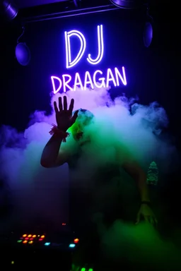 An "Balkan guy" performing at dance club, his name is "DJ DRAAGAN" and looks crazy, Balkan things on stage, Neon lights and smog, "DJ DRAAGAN" SIGN ON WALL