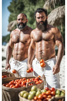 close up shot photography of two tired strong muscular beefy hairy burly 39 years old ugly turkish carpenters, short beard, shaved hair, shirtless, manly chest, bulging white shorts, tired eyes, walking on the beach in the sun holding tomatoes baskets, big shoulders, side light, sweat and wet, ground view angle