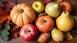 An assortment of autumn fruits and vegetables including a pumpkin, apples, pears, and leaves on a wooden surface