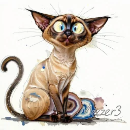 Small cursive signature Meezer3 (transparent white) in the lower right corner, delicate and integrated into the painting. Oriental shorthair Siamese chocolate point cat with vivid blue eyes. art style. Mixture of techniques. Scratched paint, peeling paint, dry brush, watercolor washes, ghost image details, blotted paint areas. Mixed media; gouache, alcohol ink, oil crayon, conté crayon, pastel and collage. Colorful Concentric Rings of a polished Agate Slice. ChatGPT