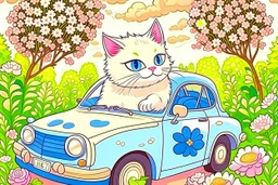 a cute proud chibi fluffy beige cat driving a car made of flower buds: roses, forget-me-nots, hydrangeaes on a cobblestone road in a forest next to a pond in sunshine