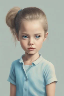 Illustration of Angelina Jolie as a toddler,, pony tail, at. School, , big blue eyes, style of Marcel Marlier, pastel colors