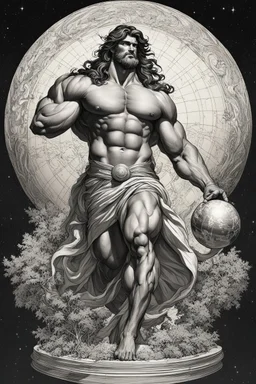 Digitize the sketched image of Atlas from Greek mythology, the character is portrayed as extremely muscular, holding up a massive celestial sphere, which is the Earth. The scene is dramatic, emphasizing the strain and power of Atlas. He has long hair and a rugged, classical appearance befitting a mythological titan. His attire is minimal, resembling ancient Greek garments. Please exclude any signatures or artist autographs from the image. The artwork should be in a hyper-realistic style, capturi