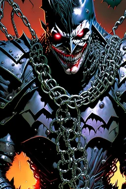 a close up of a person holding chains, the batman who laughs, jason fabok. greg staples, arkham city, gabriele dell'otto, joker wearing vader's armor suit, by Ryan Stegman, joker wearing vader's armor, david tennant as spawn, as illustrated in top cow comics, grotesque joker, venomized, jason fabok