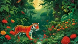 A tiger prowls through a lush jungle filled with dense foliage, vibrant red and yellow flowers, and tall trees. In the background, three figures carrying spears walk through the undergrowth, and a full moon shines in the night sky. A bird perches on a branch in the upper center of the image. The scene is rendered in a naive, dreamlike style with bold colors and flattened perspective.