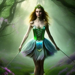 delicate hands with magic sceptre, halo, upper body of dark celtic alice in wonderland, fast walker, as a brunette young cute feminine woman, short hair, green forest background, pond, mega flowers,peacock,sun light