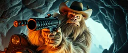 movie poster, portrait interview cowboy Abominable Yeti in space ship in cave holding huge mounted chain gun