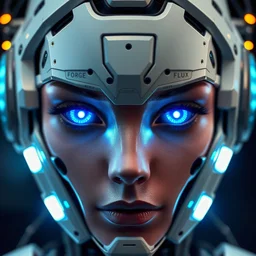 beautiful cyborg face, blue eyes in the form of light bulbs, created using complex technologies, robot number "FORGE + FLUX", ultra detailed, HDR, high quality image, realistic image, 8k, high quality, hyperrealism