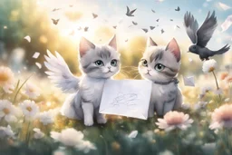 two cute anime chibi cats on either side of the picture looking at a pigeon in the top centre of the picture, flying with an envelope in its mouth in sunshine, flowerfield, watercolor and black ink outlines, ethereal, cinematic postprocessing, bokeh, dof