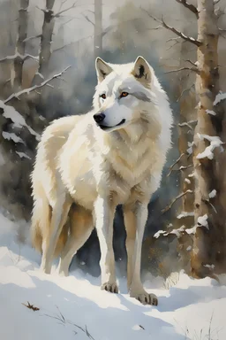 Masterpiece, best quality, watercolor painting, Wadim Kashin style, portrait of a white wolf in the snow, coming out of the forest