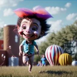 Ultra realistic circus scene. Sweet hair monster jumping and Child’s playing, smile, happy, smooth color, waist up view, Wes Anderson style, dark ambient, highly detailed, concept art, unreal engine 5, god rays, ray tracing, RTX, lumen lighting, ultra detail, volumetric lighting, 3d, finely drawn, high definition, high resolution.