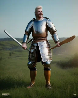 strong medieval men warrior with blond short hair, blue eyes and wide warm smile with an axe with green and brown clothes