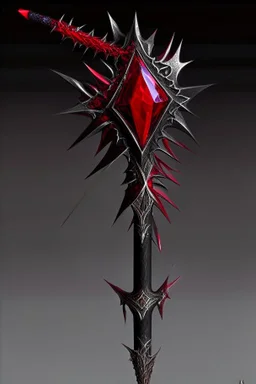 A sorceress evil staff that is a mix colors of red and black crystals and sharp edges
