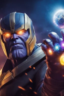 A sporty looking man with With a serious his face while holding Thanos' gantlet K's infinity gauntlet has six infinity stones