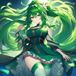 girl, masterpiece, best quality, volumetric lighting, detailed outfit, perfect eyes, long hair, green hair, green eyes, beautiful lighting, vibrant colors, smiling, thigh highs, ponytail, messy hair, dress,