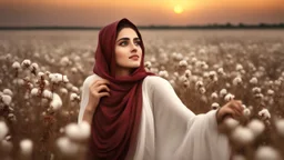 Hyper Realistic Close-up-view of a Beautiful-Young-Happy-Pashto-Woman-with-beautiful-eyes-Smiling with-white-dress-with-maroon-shawl & breeze-whirling in a cotton-field & cloudy-night-&-moonlight showing dramatic & cinematic ambiance