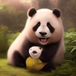 pixar art style of a mega cute and fluffy baby panda in natural environment, vivid color, full body, by mobeius, au naturel, hyper detailed, digital art, trending on artstation, cinematic lighting, studio quality, smooth render, unreal engine, octane render, art style by klimt and nixeu and ian sprigger and wlop and krenz cushart