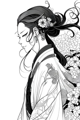 masterpiece, Halloween, monster, vampire, hanfu, profile close-up, flower line drawing background, white background, monochrome, line drawing, ((sketch))