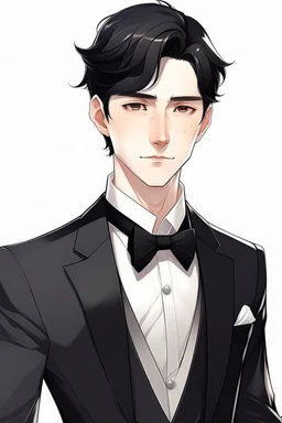 refined man with black hair anime wearing tuxedo realistic