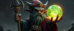 dark dwarf gremlin sceptre mining expert expert holding up a radiant Painite crystal rosette ball