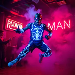 An "RUNNING MAN" performing at dance club, his name is "RUNNING MAN" and looks crazy, looks very aggressive look, Neon lights and smog, "RUNNING MAN" SIGN ON WALL