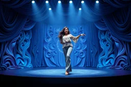 modern stage with gray-blue theme artistic decoration , color full dynamic lighting, a beautiful lady in pants and blouse with shining silver jewels dancing, 3D recursive fractal structure animating background