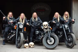 a very hard and tuff motorcycle young gang with long blond viking hair, not old, posing with their Harley Davidsson bikes, some of them holding guns and shotguns, a logo sign with Falköpings HD Club, "Fearless sinners" Skulls and bones, skeletons