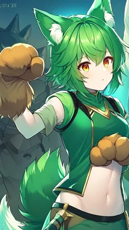 Girl, 2boy ,wolf muzzle, green hair, green wolf ears, wolf tail, open navel, short blue shirt,animal tail, animal paws, wolf paws hand, orange eyes, sword.