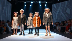 a luxury fashion show of 3-5 old years children showing modern clothing