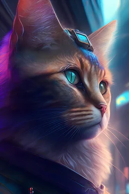 A photorealistic painting of a cat in a cyberpunk setting