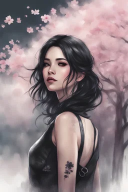 watercolor gothic girl in black leather halter top, white skin, beautiful wavy shoulder length black hair, sakura blossom tattoos on body, Trending on Artstation, {creative commons}, fanart, AIart, {Woolitize}, by Charlie Bowater, Illustration, Color Grading, Filmic, Nikon D750, Brenizer Method, Side-View, Perspective, Depth of Field, Field of View, F/2.8, Lens Flare, Tonal Colors, 8K, Full-HD, ProPhoto RGB, Perfectionism, Rim Lighting, Natural Lighting, Soft Lightiing, cityscape background