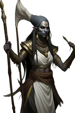 Ahs genasi from dnd with ashesen skin and asian flowing hair on head holding a spear in Monk attire with ash giant symbolism