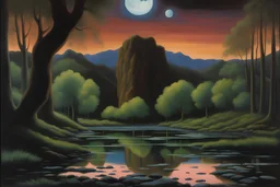 Night, rocks, trees, little puddle, mountains, beyond and trascendent influence, philosophic, 2000's sci-fi movies influence, henry luyten and pieter franciscus dierckx and ludwig dettman impressionism paintings