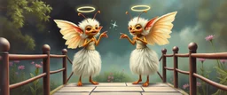 two totally symmetric fluffy angel gremlin slug ant alien nephilim nice cheerleader singing on bridge pointing down in garden , full body portrait T-pose strong aura, oil painting and air brush