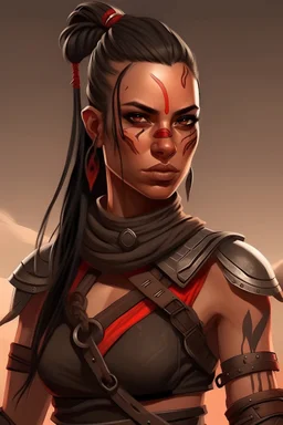 Muscular Caucasian Female Desert warrior with a black high braid, red eyes and a spire, no armor