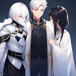 Girl with white hair wearing white robes. Boy with black hair wearing leather armor