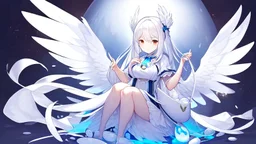 Girl, white hair, laid an egg, girl sit on egg, white wings,