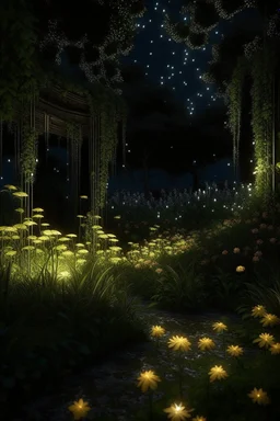 generate me an image of luxurious gardens with tall overflowing foliage and beautiful flowers at night with fireflies