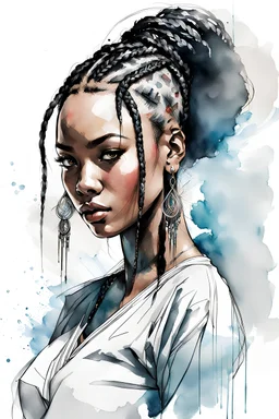 Ink drawing of a black female, with braids, modern, ao Dai,. full body, Peter draws, watercolour, digital illustration, comic-book style, black and white contrast, perfect anatomy, centred, dynamic, detailed, watercolour painting, diffusion, art station, concept art, smooth, sharp focus, illustration art by carne Griffiths and wadim kashin--no birds