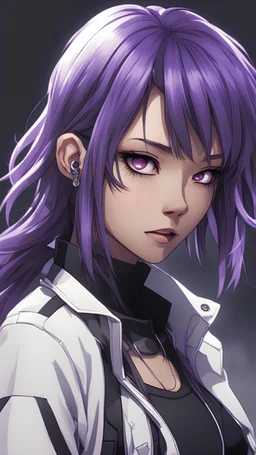 Young, early twenties, Scottish cyberpunk female, with slightly tan skin, and long, Junko Enoshima styled hair that starts out black with dark purple highlights and gradually transitions to dark grey with white highlights. W