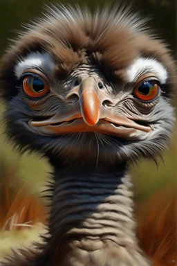 An oil painting of a very beautiful ostrich with wide eyes Photorealistic