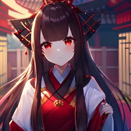 Clear focus,High resolution, black long hair, Vibrant red eyes, Emo style, Shrine Maiden clothes