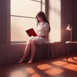 Study girl read a book in by the window, movie, real photo realistic, unreal engine, cinematic lighting --ar 1:1 creative