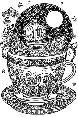 Outline art for coloring page, AVANT GARDE DRAWING TEACUP SET ON THE MOON, coloring page, white background, Sketch style, only use outline, clean line art, white background, no shadows, no shading, no color, clear