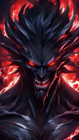 an anime style picture of an evil black demon with red eyes and fangs, the background is dark and chaotic, the atmosphere in the scene is full of fear, anime artstyle, vibrant colors, high contrast, dark shadows, closeup view of character's face, glowing white energy around him, red lightning effects, sharp details, expressive lines, detailed textures on skin